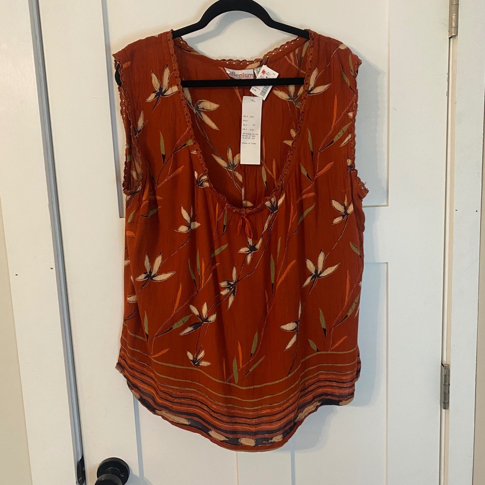 NWT Millenium Rust Orange Floral Sleeveless Rayon Blouse Plus Sz 22 Vintage Y2K‎
